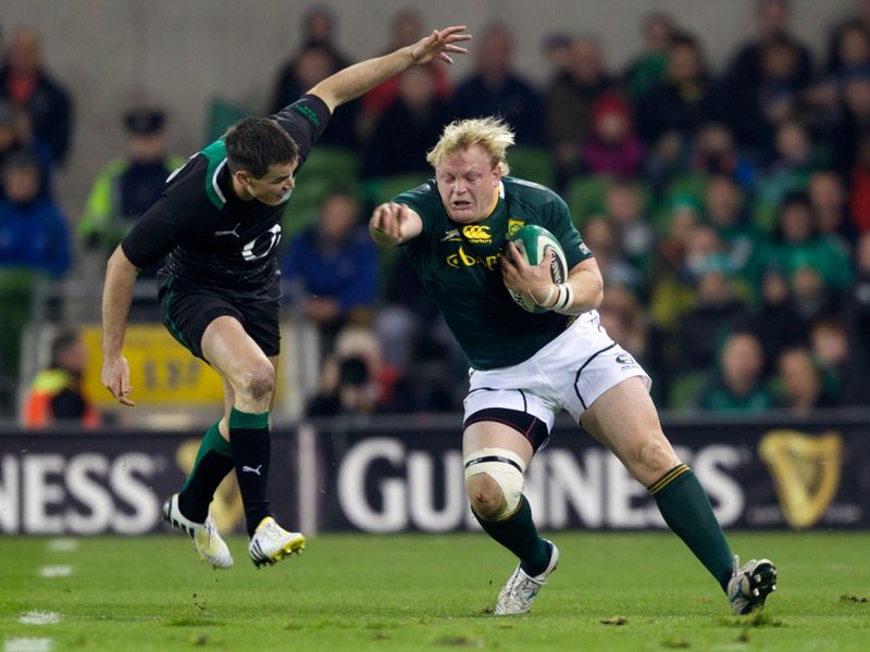 Adriaan Strauss fends off Ireland fly-half Jonathan Sexton