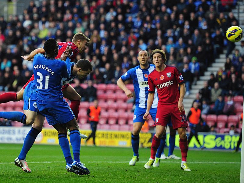 West Bromwich Albion go in front against Wigan, James Morrison just has to get his head on a fantastic cross from Chris Brunt.