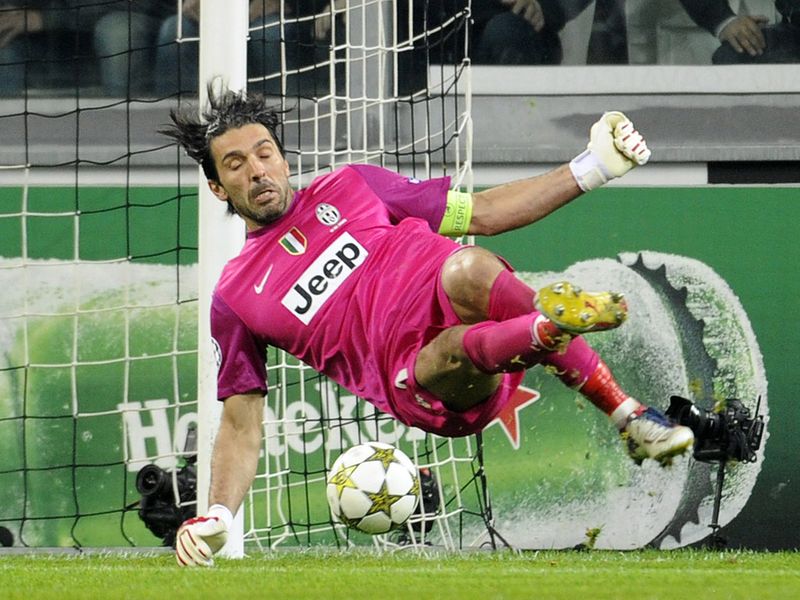 Juve goalkeeper Gianluigi Buffon is relieved when a shot hits the side netting