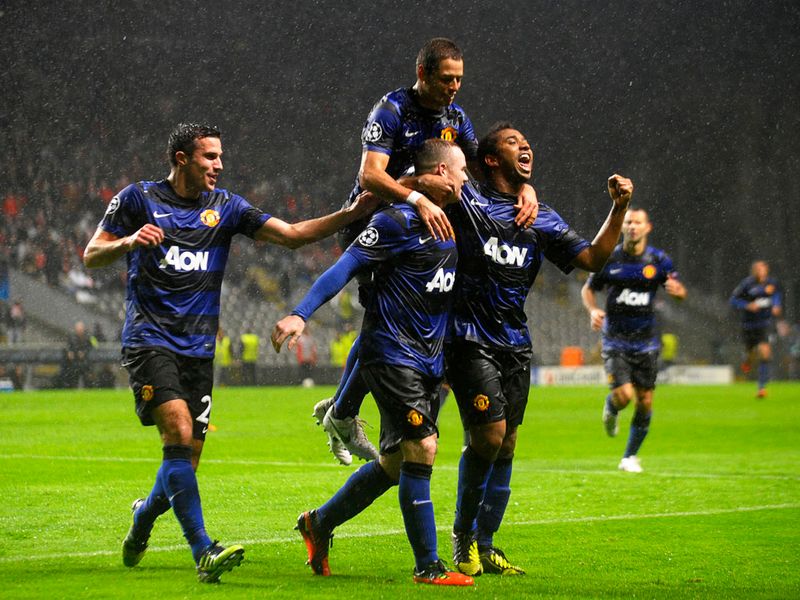 United celebrate their second goal against Braga.