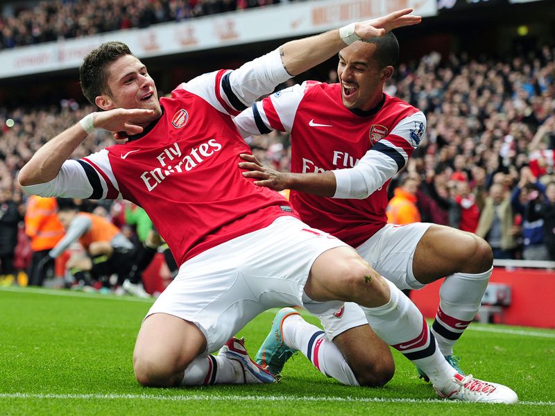 The Frenchman celebrates his fourth league goal this season.