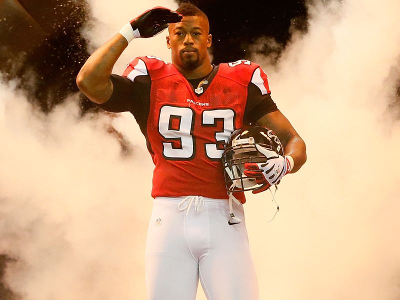 The Falcons' Ray Edwards prepares to take the field before the Sunday night game against the Cowboys