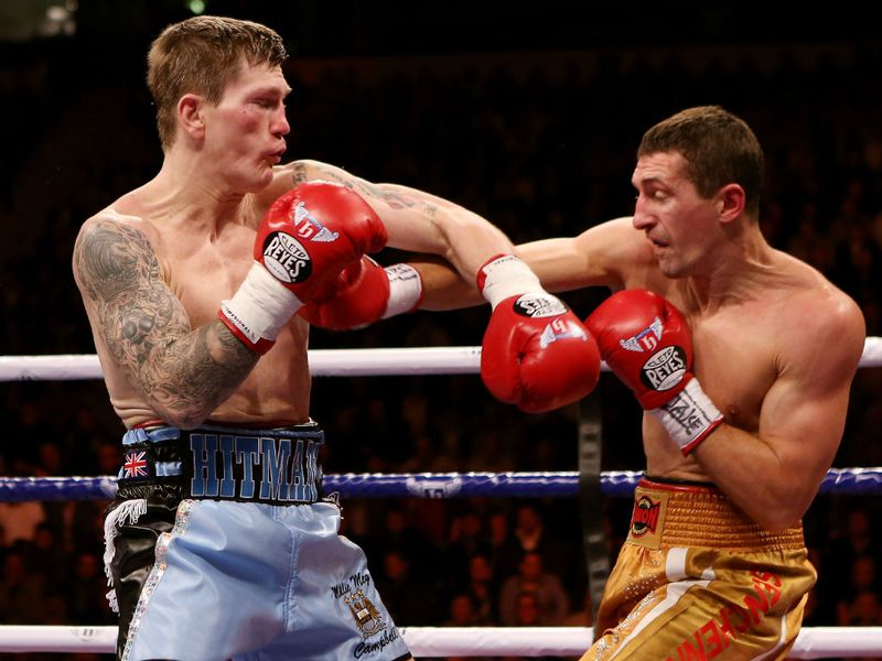 Ricky Hatton catches Vyacheslav Senchenko with a left hook early in Manchester