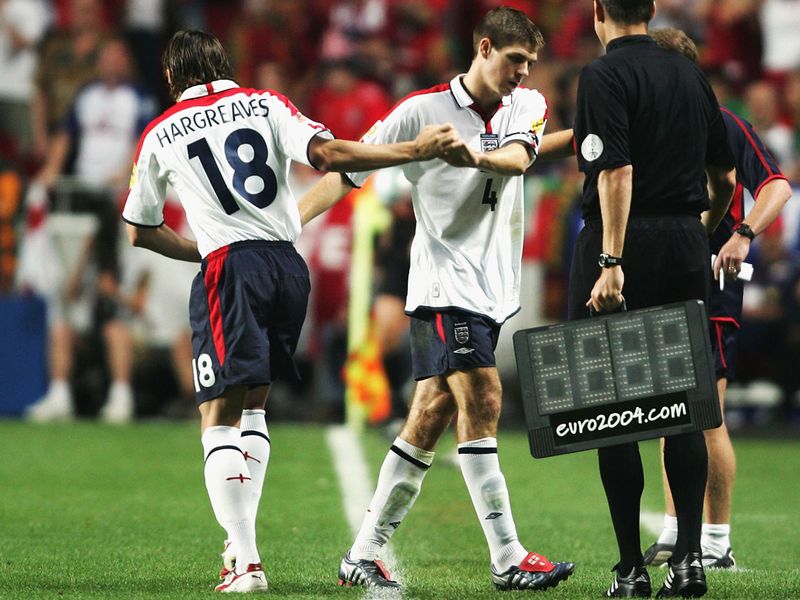 A disappointed Gerrard is replaced by Owen Hargreaves in the 2006 World Cup quarter final against Portugal. England were eventually beaten on penalties.