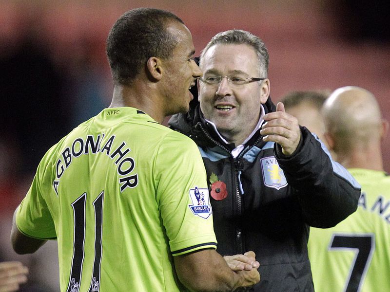 Goal-scorer Gabriel Agbonlahor and Paul Lambert celebrate at the end of Aston Villa's 1-0 triumph at Sunderland