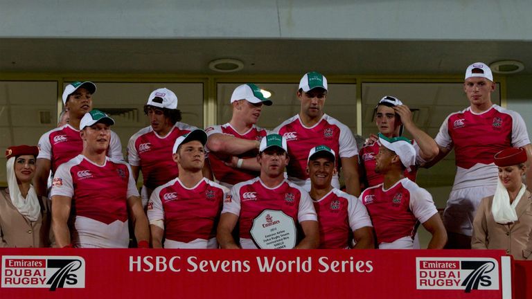 England lift the Shield at the Dubai Sevens (Photo: IRB/Martin Seras Lima)