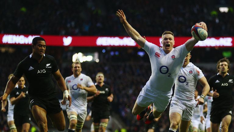 Chris Ashton scores a try against New Zealand