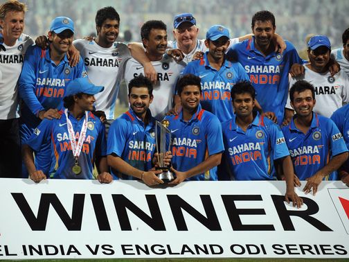 India celebrate their 5-0 win over England in 2011