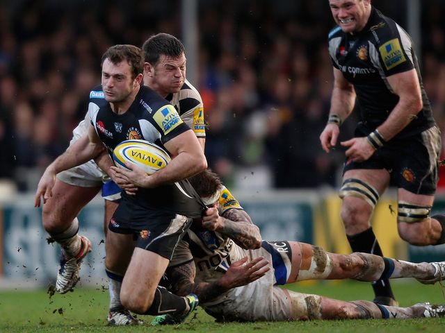 Exeter's Luke Arscott is tackled