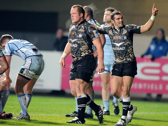Montpellier celebrate a try as they beat Cardiff