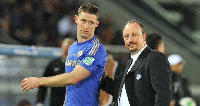 Gary Cahill: Helped down the tunnel by manager Rafa Benitez after his red card in Chelsea's Club World Final defeat.