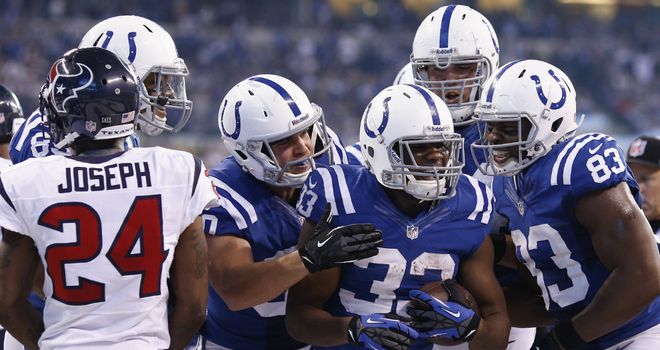 Vick Ballard: congratulated by his fellow Colts after rushing for a touchdown