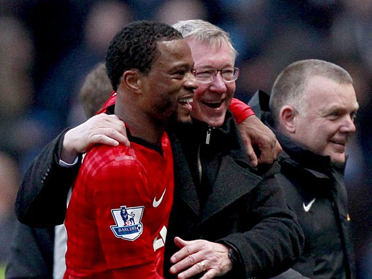 Sir Alex Ferguson celebrates at the Etihad