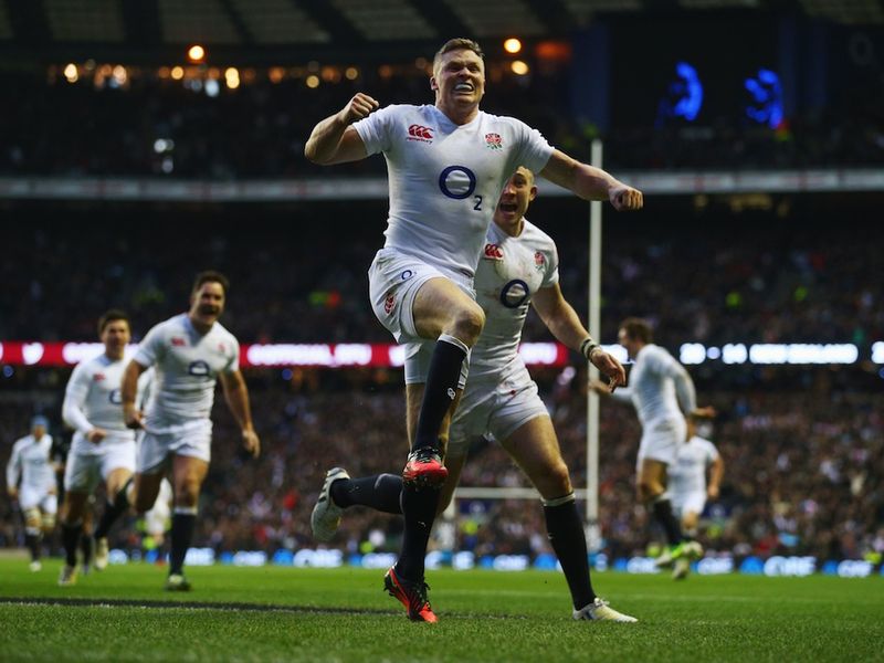Chris Ashton jumps for joy after notching a try in Saturday's record 38-21 win