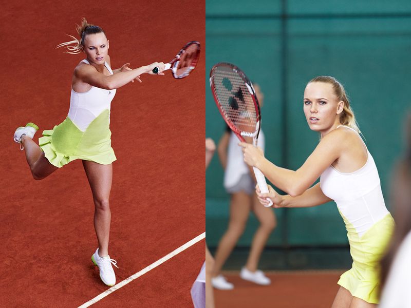 Caroline Wozniacki models an all-in-one dress from the new adidas by Stella McCartney barricade range