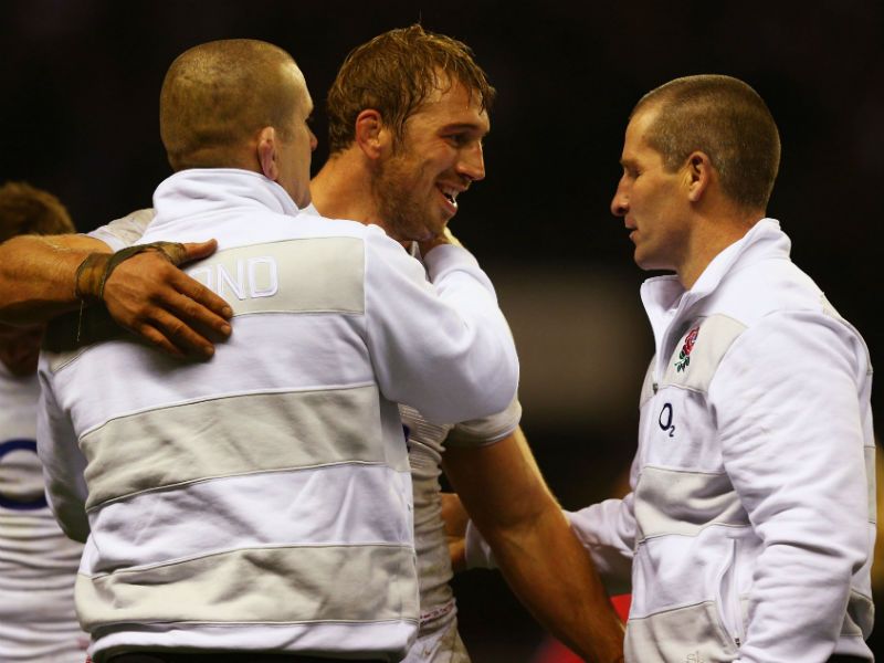 England skipper Chris Robshaw is congratulated by forwards coach Graham Rowntree and head coach Stuart Lancaster at the end of match