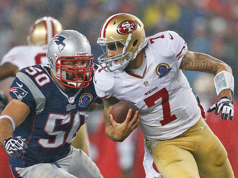 Colin Kaepernick had four touchdown passes as the San Francisco 49ers edged out the New England Patriots in a thrilling match
