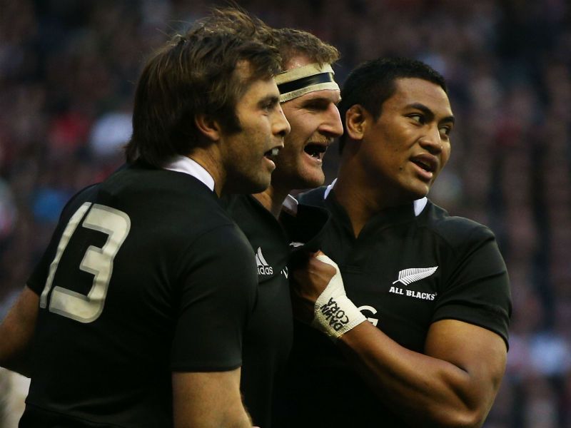 ...while Kieran Read adds another try for the world champions and celebrates with Conrad Smith and Savea