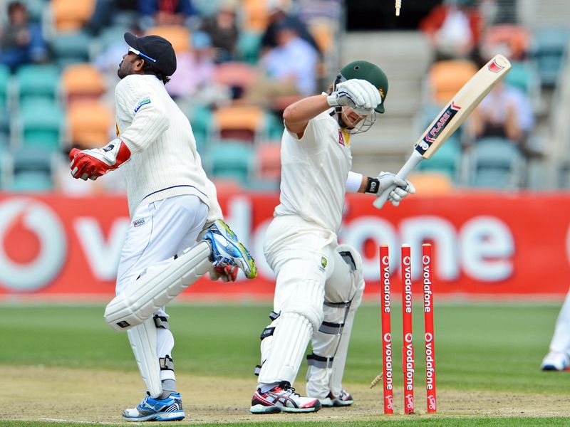 Shane Watson was stumped off Herath for five.