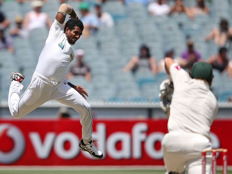 Dhammika Prasad missed a sharp chance off his own bowling...