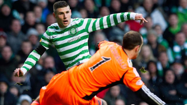 Gary Hooper scores his second goal against Hearts