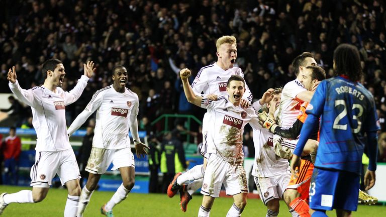 Hearts: Celebrate after Phillip Roberts missed his penalty