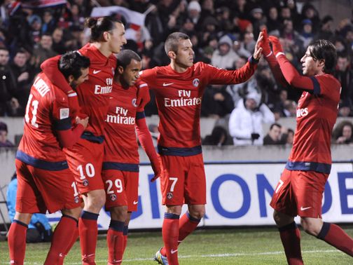 PSG celebrate Zlatan Ibrahimovic's winner.