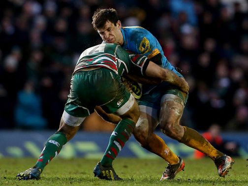 Wasps' Charlie Hayter is stopped by the Leicester defence