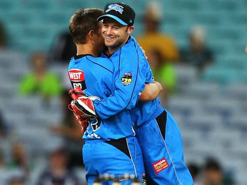 Cameron Boyce celebrates one of his three wickets with wicketkeeper Tim Ludeman&nbsp;