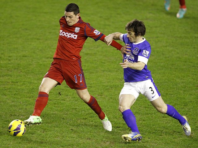 Graham Dorrans tries to hold off Leighton Baines