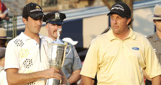 Geoff Ogilvy celebrates as a rueful Mickelson surveys the one that got away