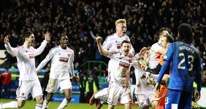 Hearts: Celebrate after Phillip Roberts missed his penalty