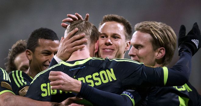 Kolbeinn Sigthorsson celebrates his goal for Ajax