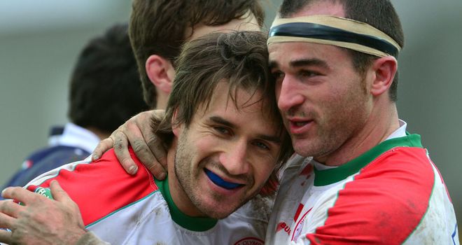 Benoit Baby congratulates double try scorer Marcelo Bosch