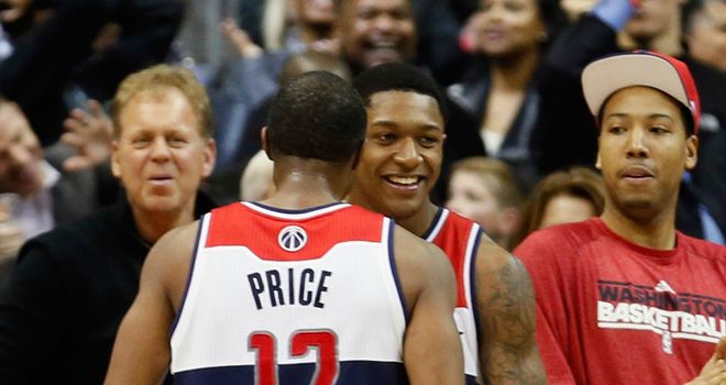 Late victory: A.J. Price celebrates with Bradley Beal of the Washington Wizards after Beal hit the game-winning shot against Oklahoma City Thunder