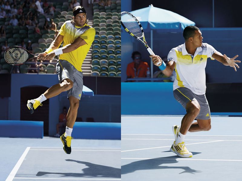 Fernando Verdasco models the adizero Tee, while Jo-Wilfried Tsonga dons the adizero Polo.