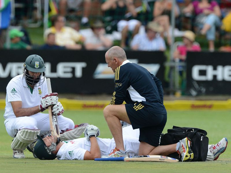Faf du Plessis was man down after being struck in the groin area...