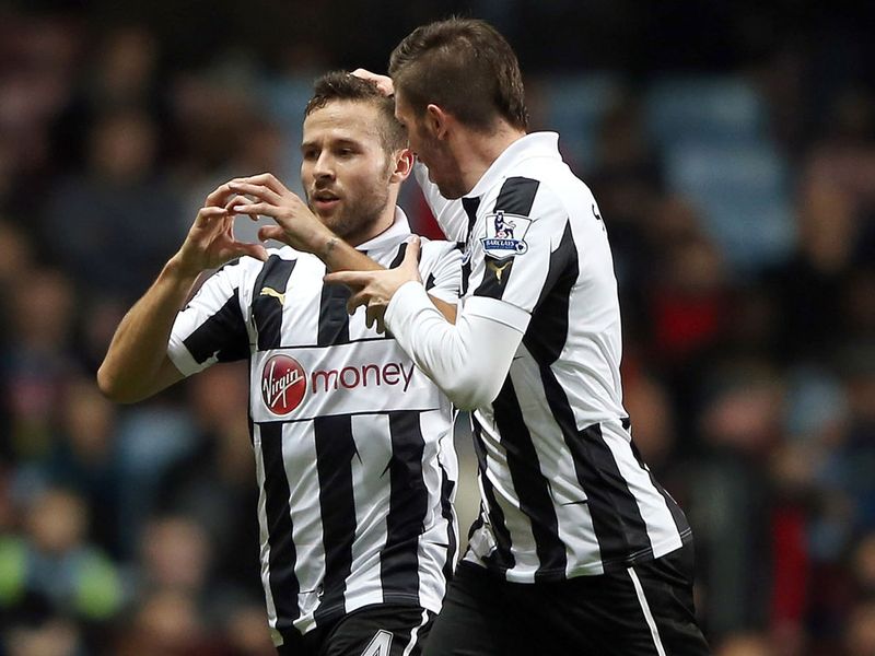 Yohan Cabaye celebrates after his scorching strike for Newcastle doubles their advantage at Villa Park