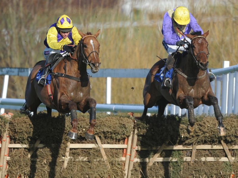 Odds-on favourite Urano (right) leads over the last in the opener...