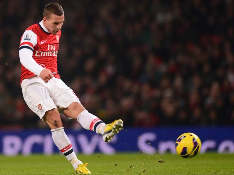 Lukas Podolski responds in kind for Arsenal with a stunning 25-yard strike to level the scoreline at 1-1.