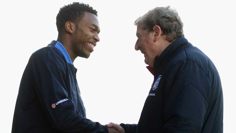 Daniel Sturridge: Liverpool striker greets England boss Roy Hodgson prior to withdrawing from the squad to face Brazil