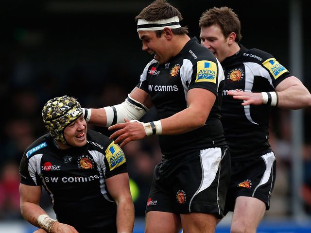 Jack Nowell is congratulated on his try