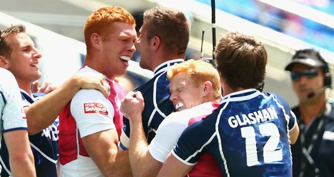 England and Scotland players clash at the Gold Coast Sevens