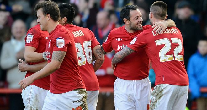 Andy Reid celebrates after putting Forest ahead