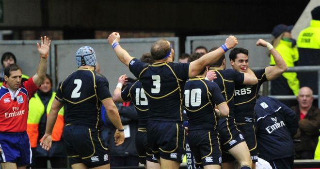 Sean Maitland: Scotland wing celebrates after scoring against England