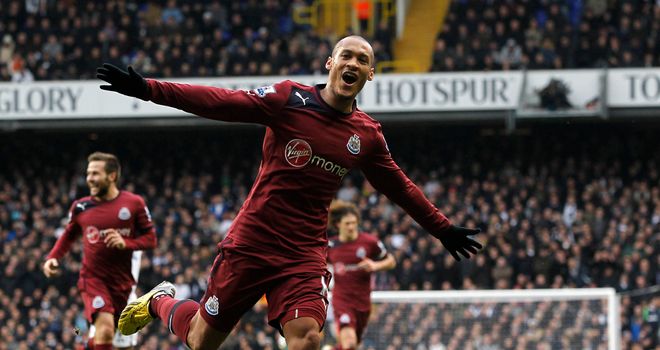 Yoan Gouffran: Newcastle striker celebrates after scoring at Tottenham