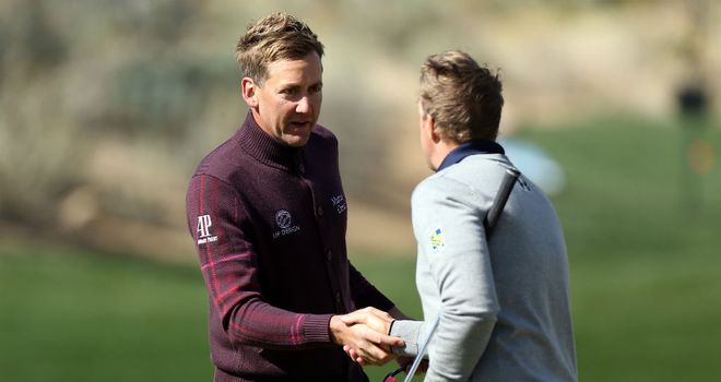 Ian Poulter congratulates Hunter Mahan after the American sealed victory in their semi-final