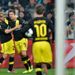 Robert Lewandowski is congratulated after drawing Borussia Dortmund level against Shakhtar Donetsk