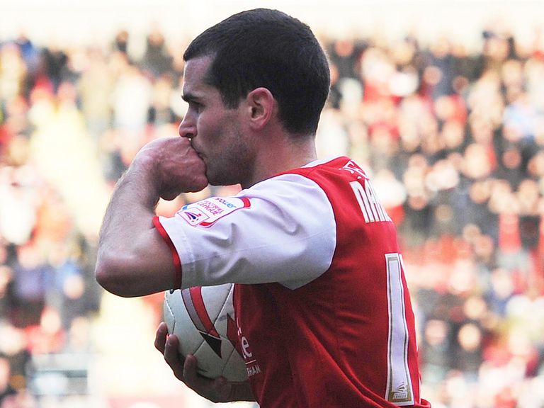 Rotherham striker Daniel Nardiello enjoys his goal.