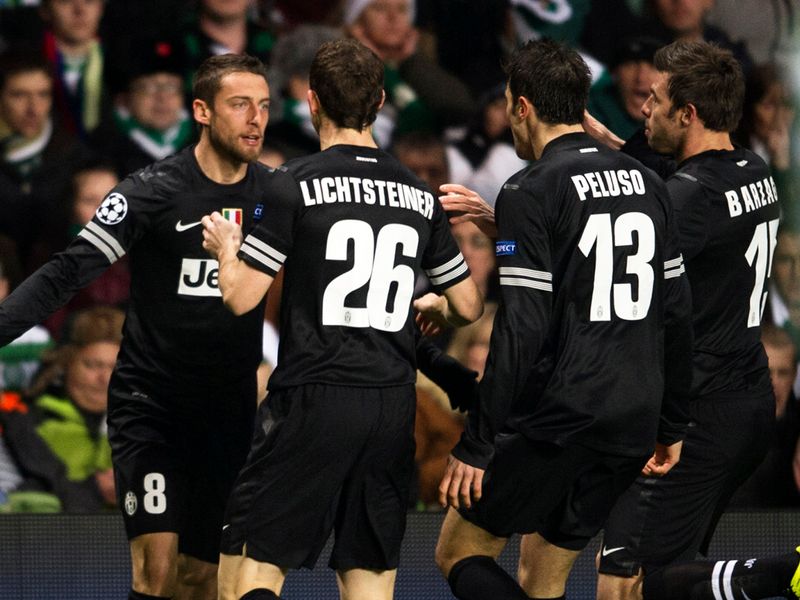 The Juventus players celebrate with Marchisio but the goal is awarded to Matri